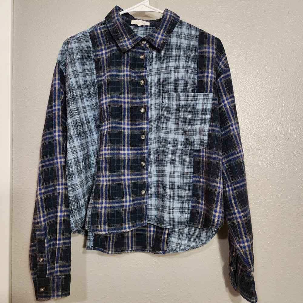 Love Notes‎ Top Plaid Women's Size Large Blue Hi Low Button Down Shirt
